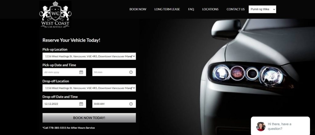 West Coast Car Rentals Homepage