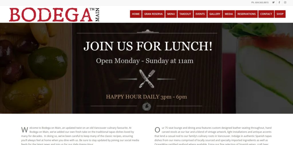 Bodega on Main's Homepage