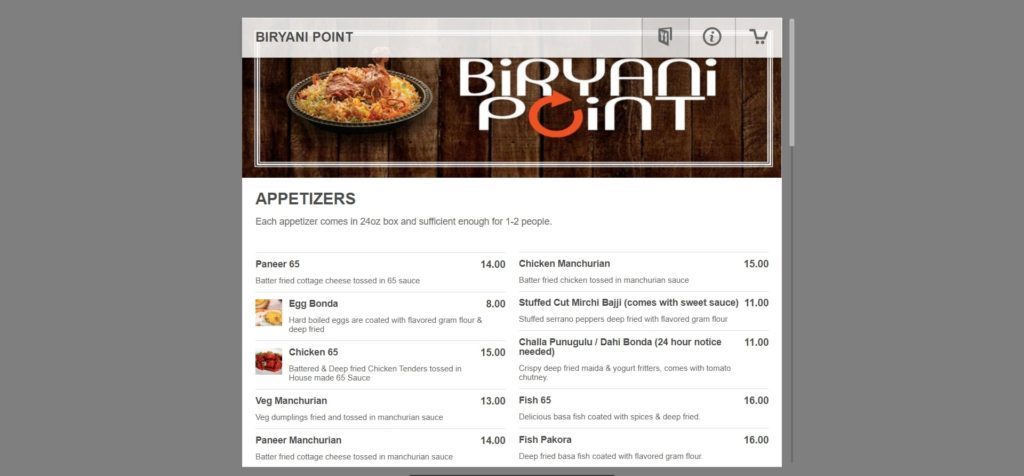 Biryani Point' Menu