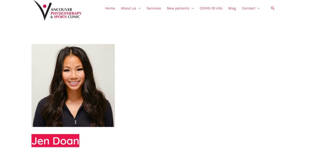 Jen Doan of the Vancouver Physiotherapy and Sports Clinic's Homepage